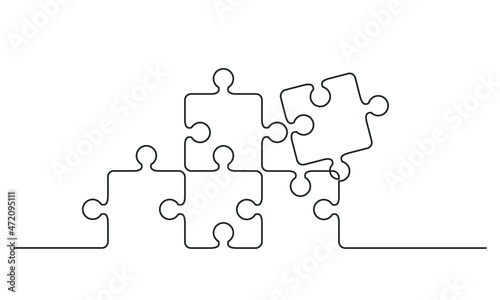 Continuous one line drawing of pieces of jigsaw on white background. Vector illustration for banner, template, poster, backdrop, web, app. Black thin line of puzzle icon.