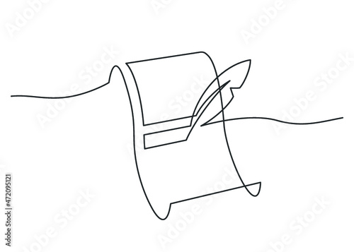 Continuous line drawing of antique paper scroll and quill pen on white background. Letter on old paper. Hand drawn vector illustration.