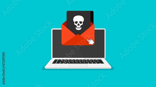 Monitor and virus warning on it. Hacking mail or computer. Skull icon on a display. Animation of getting a pirated or infected letter. 4k video animated.