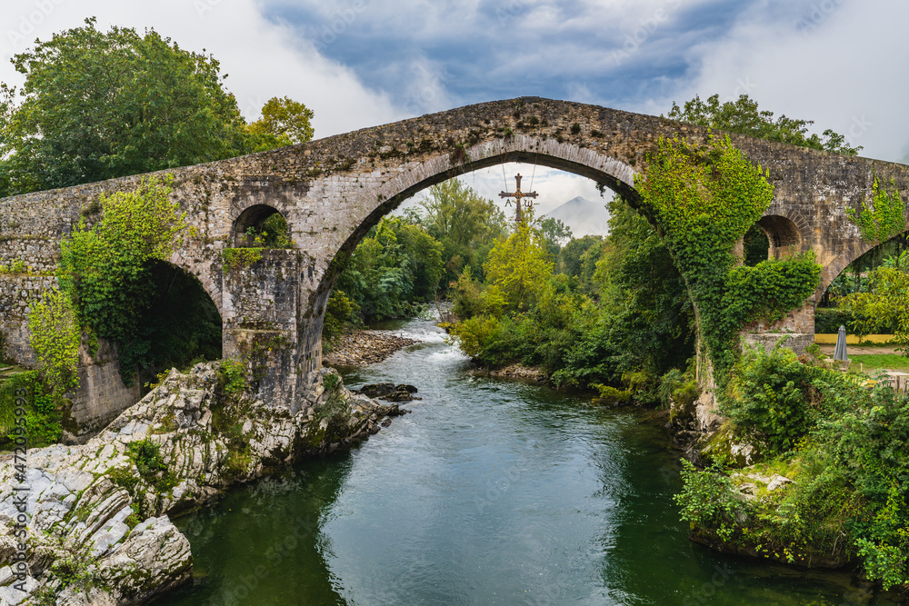 View of the Roman bridge of Cangas de Onis in Asturias 