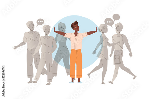 Woman standing inside transparent bubble and people reaching for her. Avoiding of conflict, social isolation, personal space cartoon vector illustration