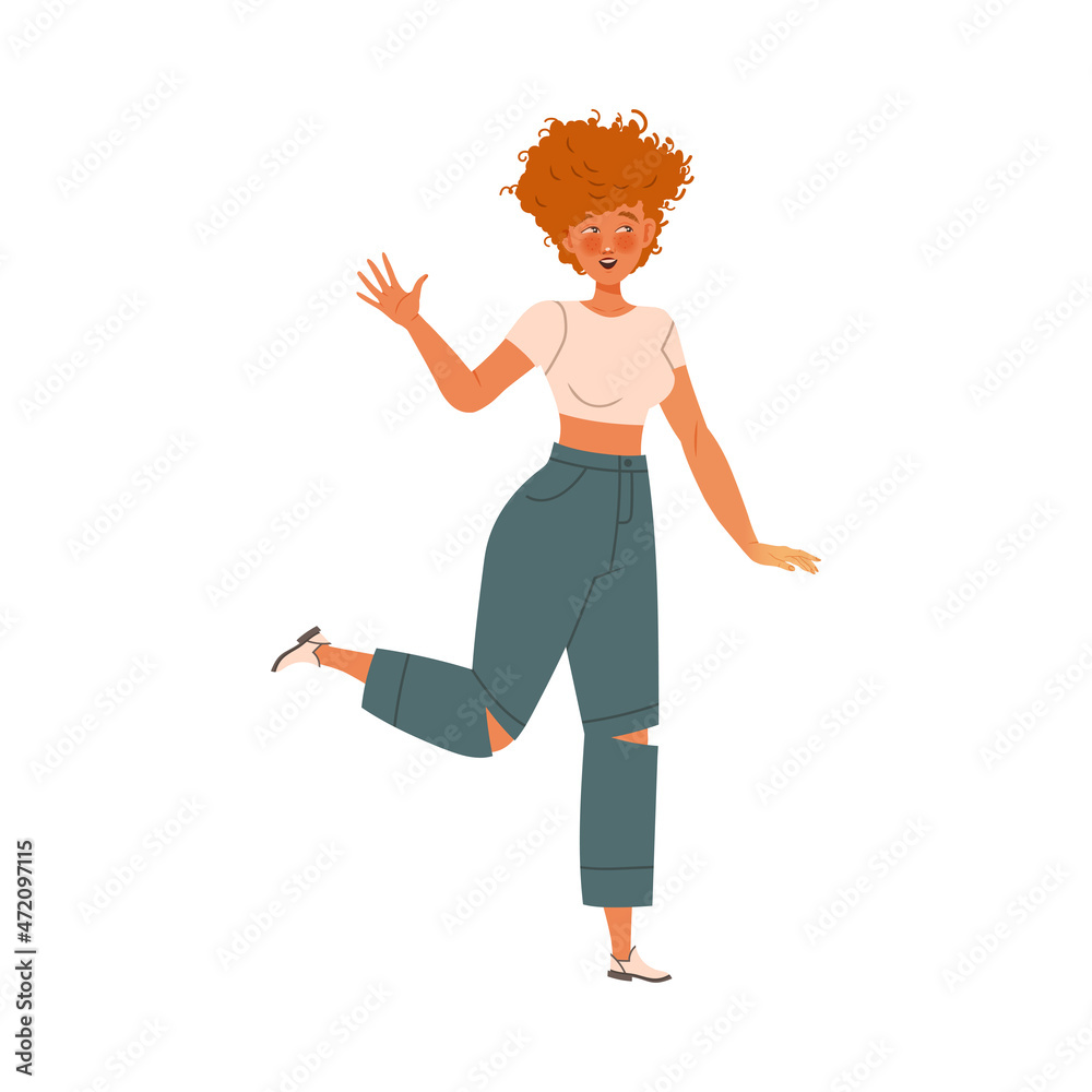 Cheerful young woman in casual clothes cartoon vector illustration on white background