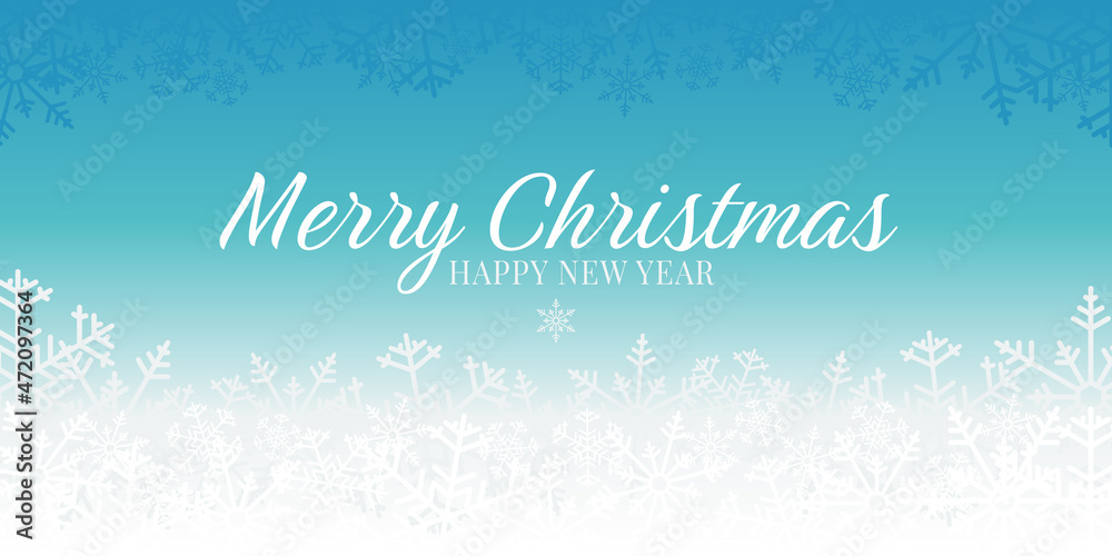 Merry christmas banner and happy new year. Abstract background pattern white and blue snowflakes. Design elements for backdrop, wallpaper, wall, card, cover, poster. Vector illustration.