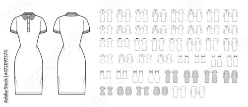 Set of Dresses mini knee length casual technical fashion illustration with long short elbow sleeves, oversized fitted body. Flat apparel front, back, white color style. Women men unisex CAD mockup photo