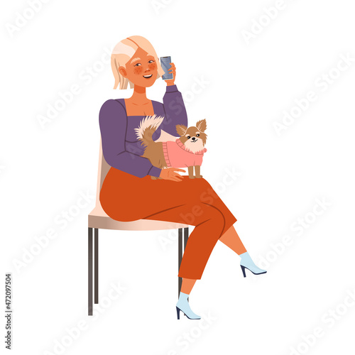 Woman Character Waiting in Queue or in Line for Beauty Salon Sitting on Chair with Crossed Legs and Speaking by Phone Vector Illustration