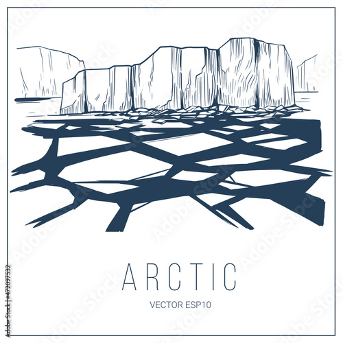 Arctic landscape. Line art illustration. Northern nature with sea, ice and icebergs