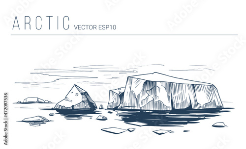 Arctic landscape. Line art illustration. Northern nature with sea, ice and icebergs