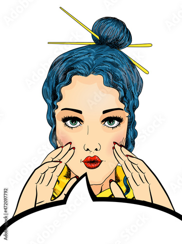 Comic book girl in pop art style. Emotional pretty woman trying to tell or announcing secret message. Beautiful lady keeping hand near her mouth