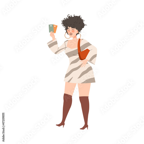 Woman in Striped Dress and Heeled Boots Waiting or Standing in Queue or in Line for Nightclub Vector Illustration