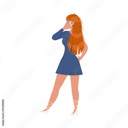 Redhead Woman in Blue Dress Waiting or Standing in Queue or in Line for Nightclub Speaking by Phone Vector Illustration