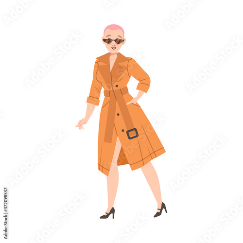 Woman in Casual Wear and Sunglasses Waiting or Standing in Queue or in Line for Nightclub Vector Illustration