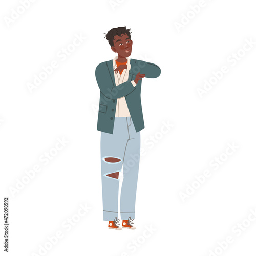 Man in Ripped Jeans and Jacket Waiting or Standing in Queue or in Line for Nightclub Vector Illustration