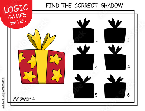 Find the correct shadow the gift paper box. Cute cartoon present box with ribbon and bows. Educational matching game for kids with funny decorative stylish wrap of box for presents. Task with answer.