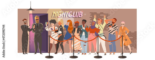 People Character Waiting or Standing in Queue or in Line for Nightclub Vector Illustration