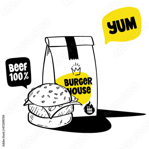 Hand drawn Burger with take away bag. Vector illustration Burger house with bubble text beef 100%.