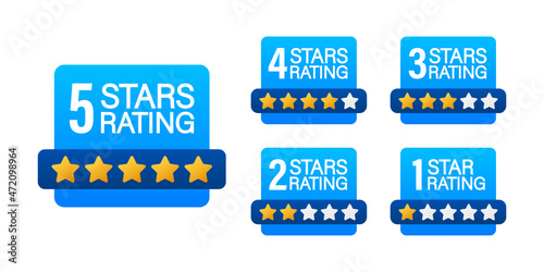 5 star rating. Badge with icons on white background. Vector stock illustration.