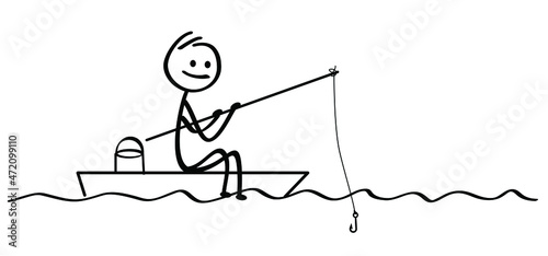 Drawing cartoon stickman on boat, i love fishing. Stick figure and fishing in the water. Fish icon or pictogram. Favorite hobby sport for people.