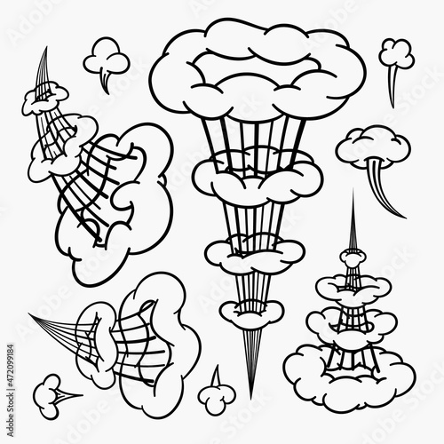 Comic clouds, cartoon vector clouds in line style isolated on light background.