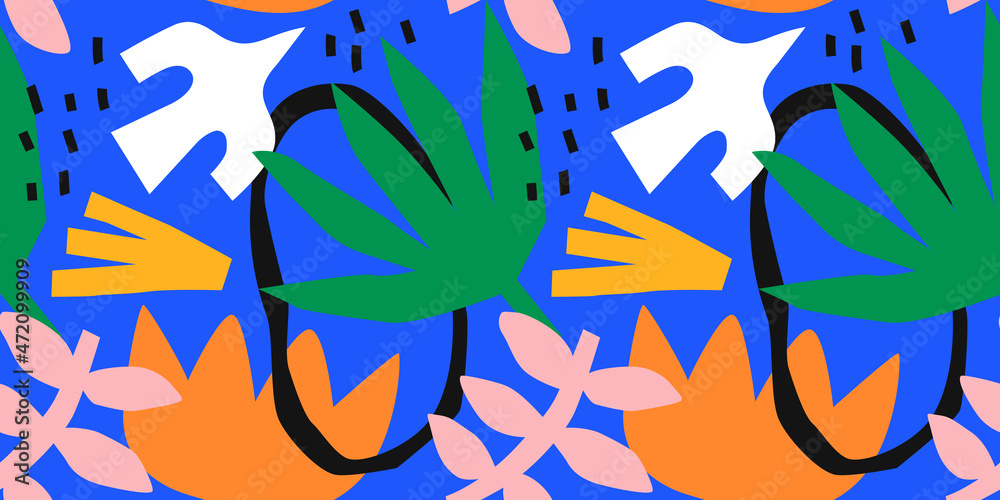 Abstract matisse inspired seamless pattern with colorful freehand doodles. Organic flat cartoon background, simple random cutout shapes in bright childish colors. 