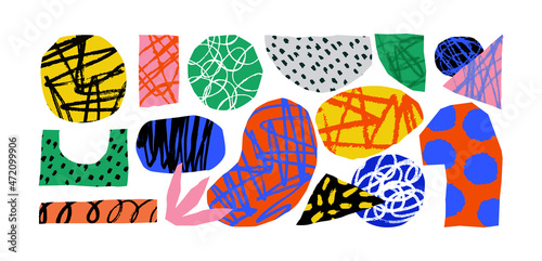 Colorful abstract geometric shape set with modern doodles and trendy paint texture. 90s style shapes collection on isolated background.