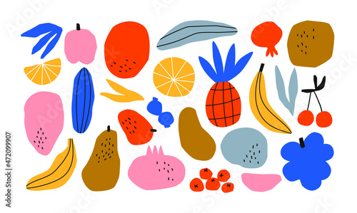 Funny hand drawn fruit food set. Colorful freehand fruits collection. Illustration of pineapple, banana, grape and more tropical summer foods on isolated background.