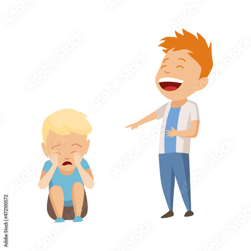 Kids bullying. Childish bullies or verbal and physical conflict between children. Bad child behavior, scared and strong angry children conflict, cartoon characters confrontation