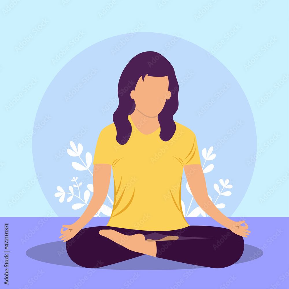 Woman doing yoga in a sitting position flat illustration. A woman wearing a yellow T-shirt doing yoga. Flat illustration of a woman in a yoga position. Background with the white tree silhouette.