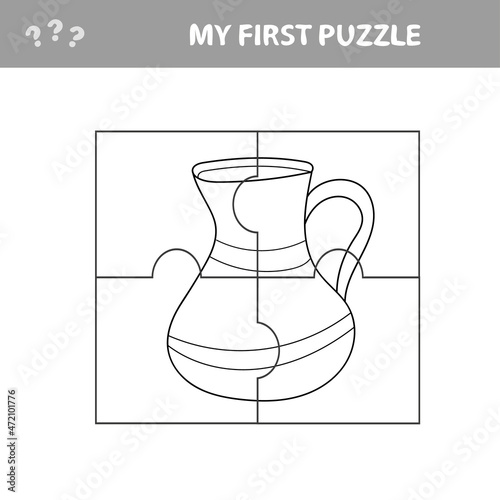 Easy educational paper game for kids. Simple kid application with Funny Clay Pot. Puzzle with jug. My first puzzle and coloring page