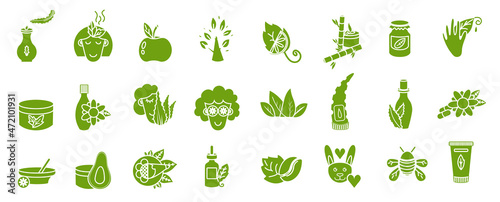 Handmade eco-logos, natural organic cosmetics, symbols, icons of vegan food are isolated on a white background. Eco-friendly textiles, eco-friendly icons for sensitive skin. Vector illustration