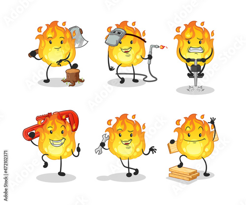 fire worker set character. cartoon mascot vector.