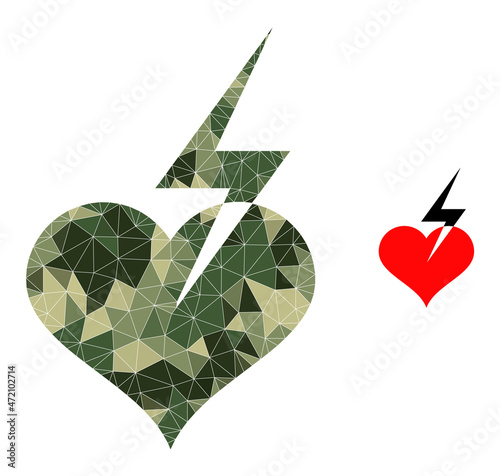 Camouflage low-poly mosaic heart strike icon. Low-poly heart strike icon is combined from scattered camo colored triangle parts. Vector heart strike icon in camouflage military style.