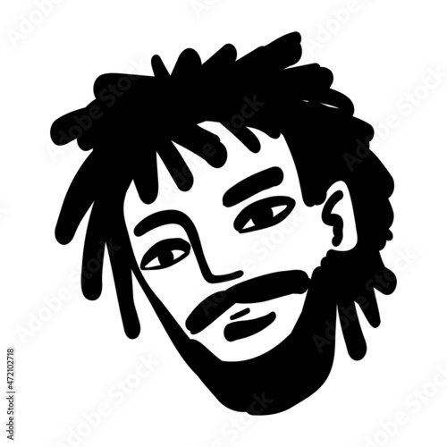 Contemporary African American bearded man art portrait, line art guy's face with dreads.