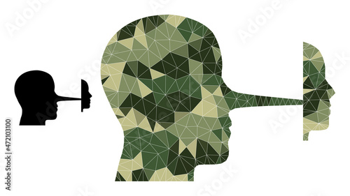 Camouflage low-poly collage liar mask icon. Low-poly liar mask icon is designed with scattered camouflage colored triangle parts. Vector liar mask icon designed in khaki army style.