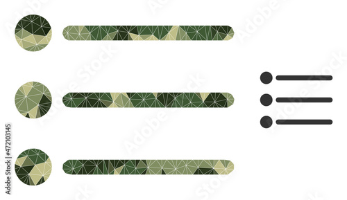 Camouflage triangle mosaic list items icon. Low-poly list items icon combined of randomized camo color triangle parts. Vector list items icon in camo military style.