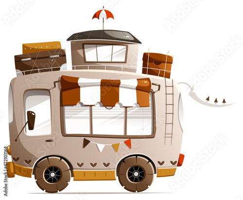 Illustration of a cartoon motorhome fully loaded with gear.