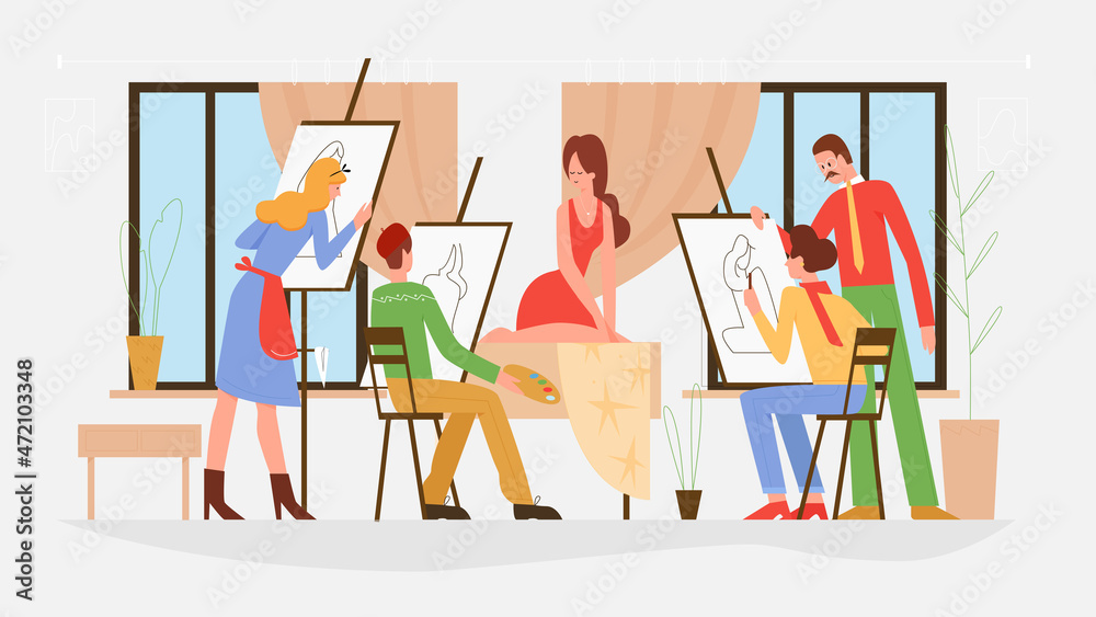 Master class lesson in art studio vector illustration. Cartoon team of talent artist characters sitting at easel, painting portrait of model on canvas, drawing with brush and paints isolated on white