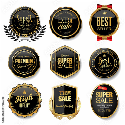 Collection of golden badges and labels retro style