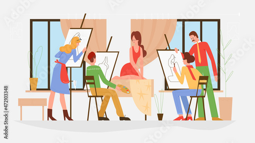 Master class lesson in art studio vector illustration. Cartoon team of talent artist characters sitting at easel  painting portrait of model on canvas  drawing with brush and paints isolated on white
