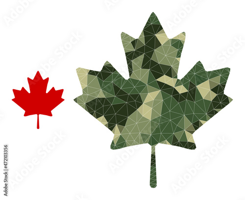 Camouflage lowpoly collage maple leaf icon. Lowpoly maple leaf icon is designed from random camo color triangles. Vector maple leaf icon in camouflage military style.
