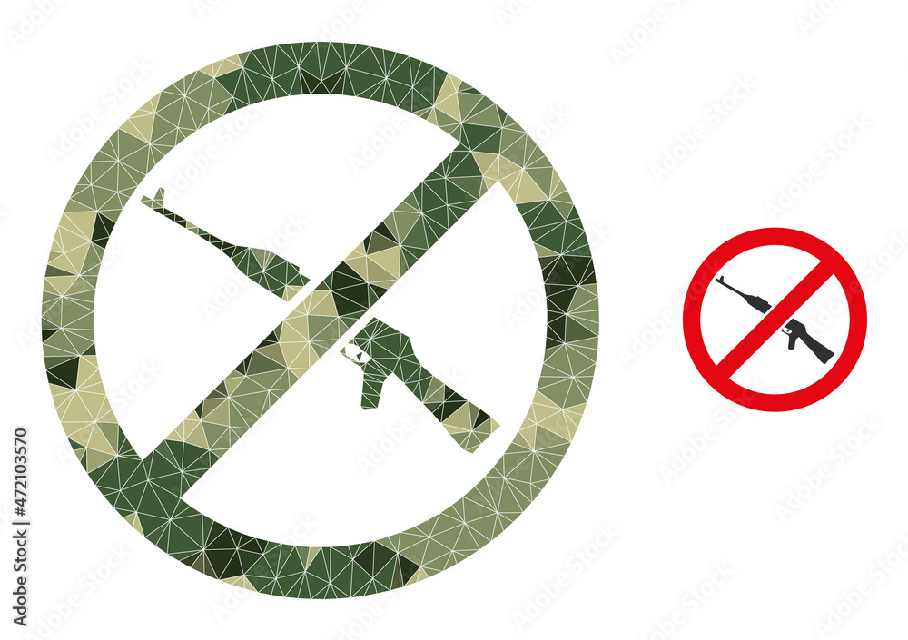 Obraz premium Camouflage lowpoly mosaic forbid kalashnikov weapon icon. Lowpoly forbid kalashnikov weapon pictogram designed of scattered camo color triangle parts.