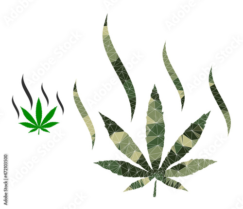 Camouflage lowpoly collage marijuana aroma icon. Lowpoly marijuana aroma icon designed with chaotic khaki color triangle parts. Vector marijuana aroma icon designed in khaki army style.