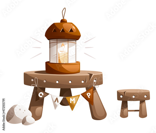 Illustration of a table with the inscription CAMP on which there is a lamp with a candle.