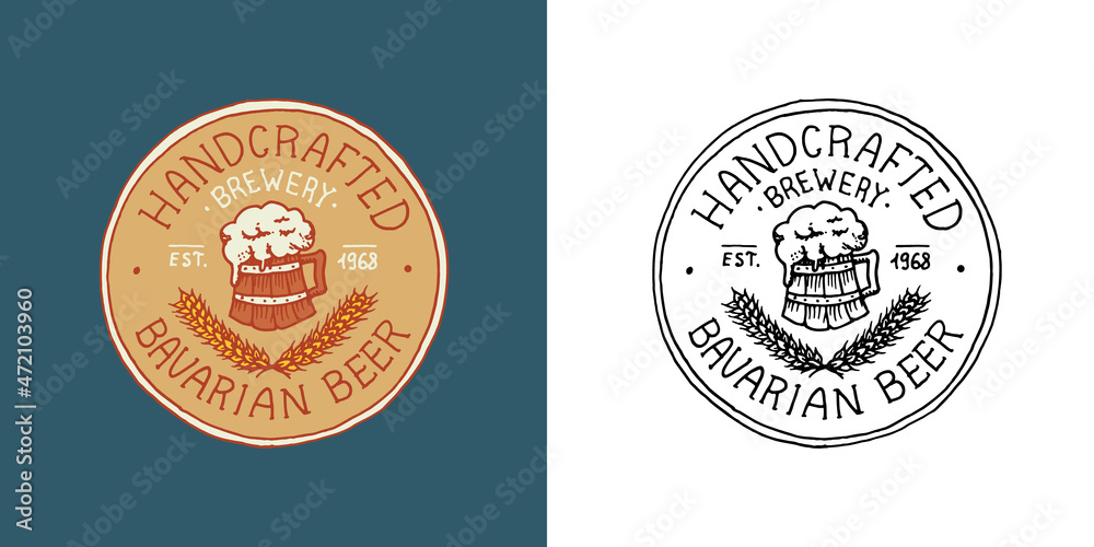 Beer and a bowl of foamy drink and wheat. Label badge. Strong Alcohol logo with calligraphic element. Frame for poster banner. Emblem sticker Hand drawn engraved lettering for t-shirt. Beer and a bowl of foamy drink and wheat. Label badge. Strong Alcohol logo with calligraphic element. Frame for poster banner. Emblem sticker Hand drawn engraved lettering for t-shirt.