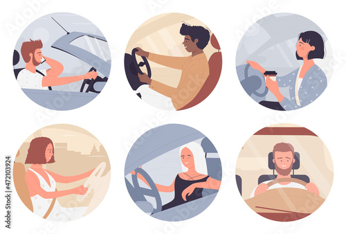 Driver people holding steering wheel of car and driving, round avatar set vector illustration. Cartoon young man woman characters inside car, side and front view through windshield isolated on white