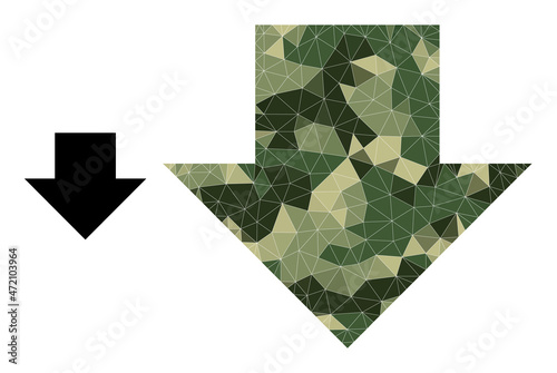 Camouflage low-poly mosaic download arrow icon. Low-poly download arrow icon is constructed with random khaki filled triangles. Vector download arrow icon in khaki army style.