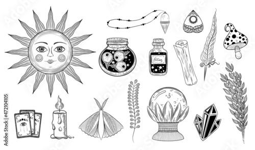 Esoteric symbols set. Alchemy icon. Bohemian style astrology symbol. Potin bottles, sun face, mushrooms, candle, tarot cards, crystals. Alchemy and witchcraft. Magic monochrome antique esoteric silhou