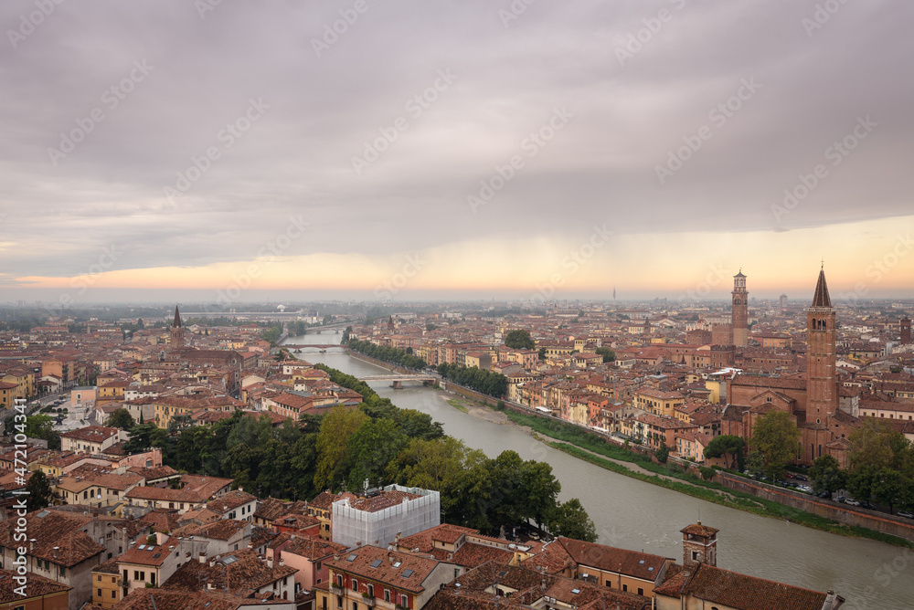 Panoramic view of the beautiful city of Verona at a cloudy sunrise, Veneto region, Italy