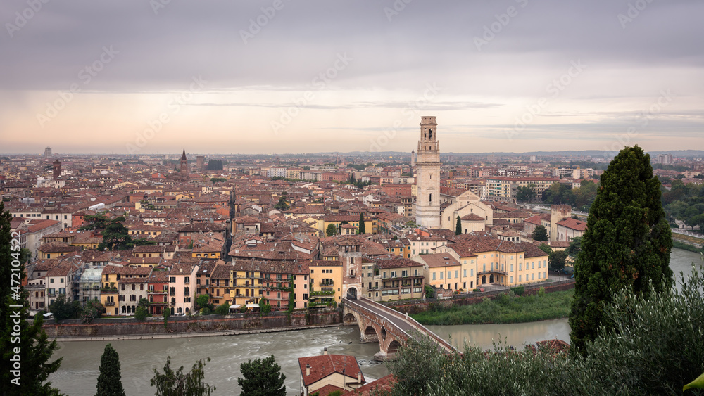 Panoramic view of the beautiful city of Verona at a cloudy sunrise, Veneto region, Italy