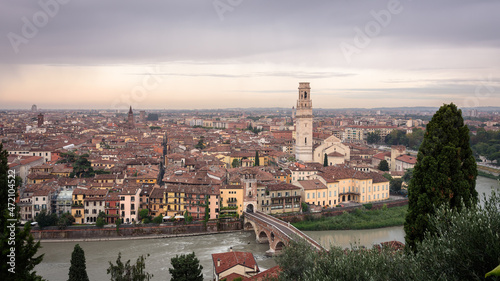 Panoramic view of the beautiful city of Verona at a cloudy sunrise  Veneto region  Italy