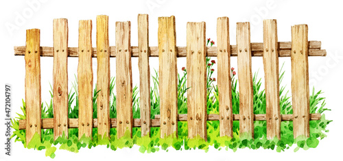 A fence made of wooden boards on a background of green grass and pink flowers. An old wooden fence isolated on a white background. Rural hedge painted in watercolor. © Алексей Панчин